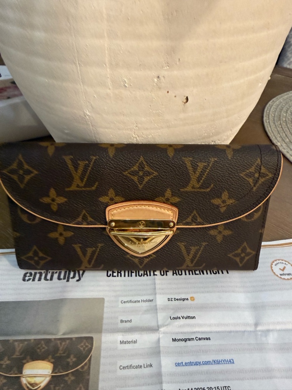 Louis Vuitton Monogram Canvas Eugene wallet with Gold Hardware and Natural Trim